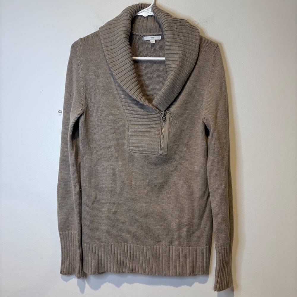 Gap‎ WomenY2K  Beige Knit Cowl Neck Quarter Zip Sweater Size Medium